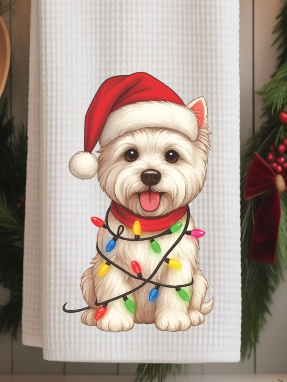 Westie Christmas Lights Decorative Kitchen Tea Towel